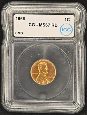 1966 SMS Lincoln Cent ICG MS67 RD • Bright Red • Scarce High-Grade Penny - Image 1 of 4