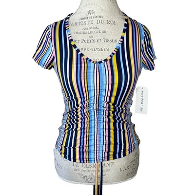 Eye Candy Love Blue Striped Short Sleeve Shirt Women's Size Medium NWT - Image 1 of 4