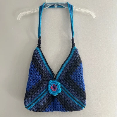 Boho Crochet Shoulder Bag Purse Blue Floral Accent Retro 70s Hippie 11x12 - Image 1 of 4