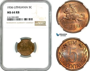 AK849, Lithuania, 5 Centai 1936, NGC MS64RB - Picture 1 of 1