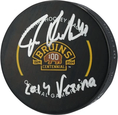 Disco de juego oficial firmado 100 aniversario Tuukka Rask Bruins con Insc Vezina Foto 1 de 3