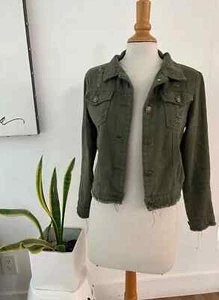 Girls Denim Jacket Button Front Long Sleeve Distressed Raw Hem Green Size Medium - Picture 1 of 2