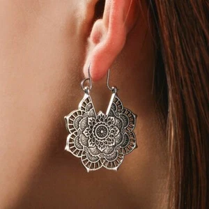 Mandala Flower Drop Earrings Tribal Hollow Dangle Earring Ear Stud Women Jewelry - Picture 1 of 14
