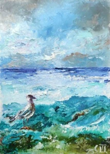 Cuadro "Gaviota en la orilla". Óleo sobre cartón. 5x7 inc. Hecho a mano. 2025. - Imagen 1 de 1