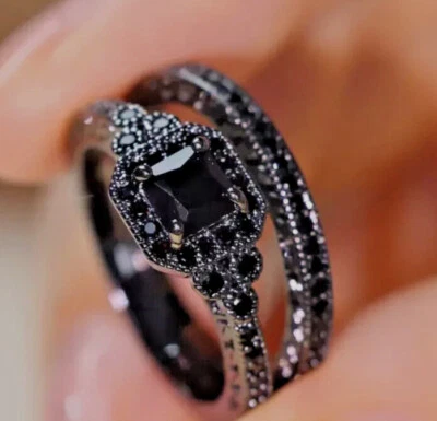 Комплект из 2 женских колец 3,20 карата с черным ониксом юбилейная отделка черное золото 14 карат - Изображение 1 из 2