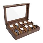  Watch Box Watch Case Organizer with Real Glass Lid 10 Slots Wood Grain PU