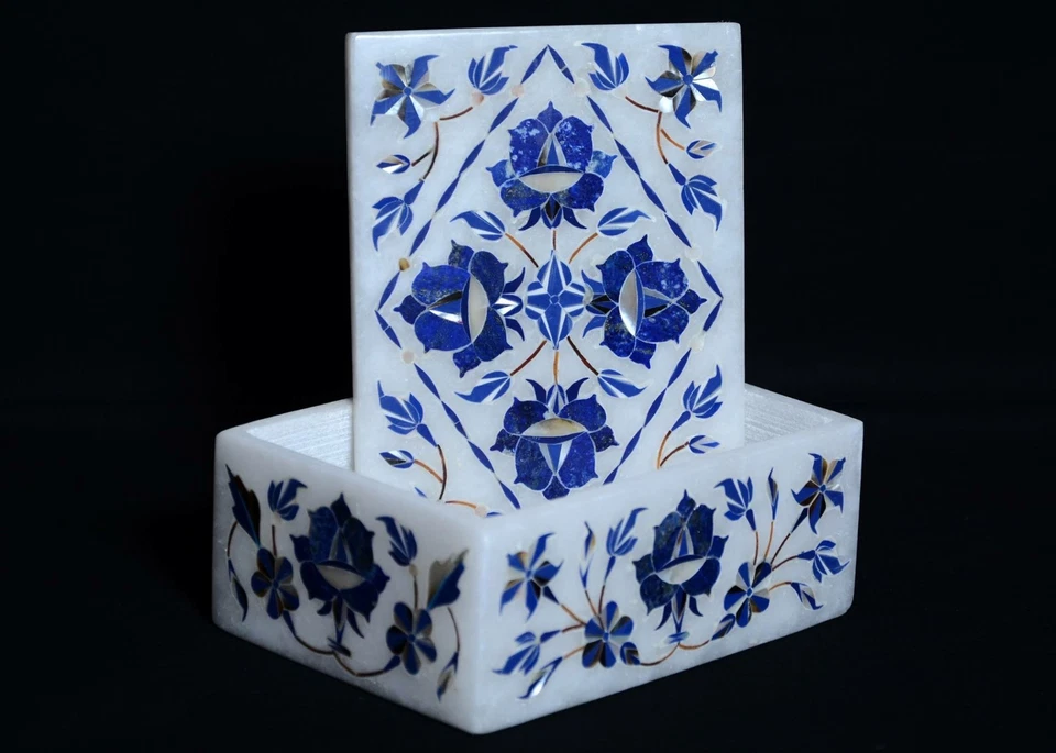 Marble jewelry Box lapis floral semi precious stone fine inlay art home decor - Image 1 of 1