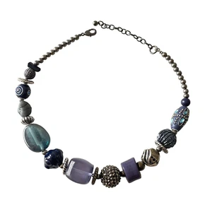 Multicolor Acrylic Chunky Statement Necklace Boho Purple Blue Silver Tone ~ 20 - Foto 1 di 7