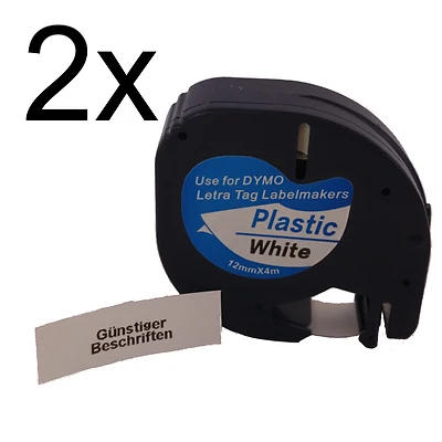 ETIKETTEN-HAMSTER 2 x LAMINATED TAPE / SCHRIFTBAND 12mm (BLACK / WHITE PLASTIC)komp. zu DYMO Letra