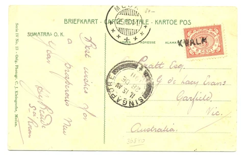 DUTCH INDIES 1911 PPC PM = KWALA = VIA SINGAPORE TO AUSTRALIA F/VF Cover