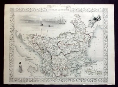 TURKEY IN EUROPE, CONSTANTINOPLE, original antique map, RAPKIN, TALLIS, 1851 — 第 1/4 张图片