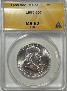 1955 U.S. Silver Franklin Half Dollar - ANACS MS62 - FBL - Bright White - Picture 1 of 6
