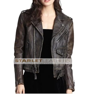 New Women Cafe Racer Moto Biker Distressed Brown Vintage Real Leather Jacket | - Picture 1 of 5