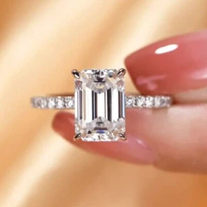 2Ct Emerald-Cut Moissanite Solitaire Engagement Ring 14K White Gold Plated - Picture 1 of 5
