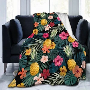 Palm Leaves Hibiscus Flowers Hawaii Throw Blanket Ultra Soft Warm All Season ... - Picture 1 of 6