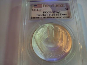 2014 p $1 pcgs ms 69 silver baseball hall of fame first strike - Picture 1 of 3