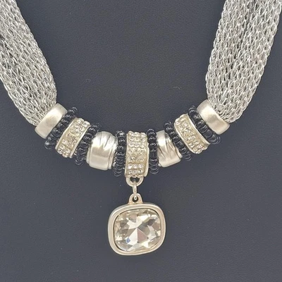 Colar de malha tom prata robusto declaração contas pretas pingente de strass feminino - Imagem 1 de 4