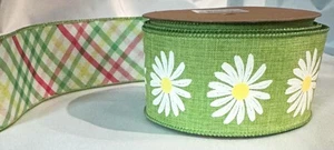 "Cinta reversible de borde de alambre con doble cara a cuadros floral margarita 2,5"" X 12 yardas" - Imagen 1 de 7