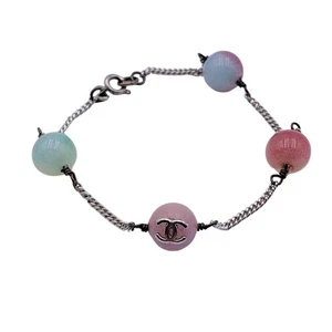 Authentic Chanel Vintage Silver Metal Multicolored Beads CC Logo Bracelet - Picture 1 of 9