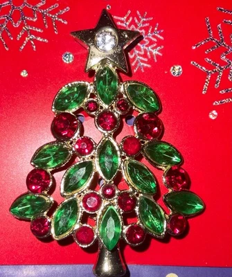 Prendedor de árbol de vacaciones de Navidad con imitación de piedras verdes y rojas - Nuevo de Lote Antiguo Foto 1 de 2