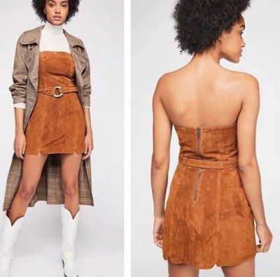 Free People Strapless Suede Mini Dress Brown Belted 100% Leather Size 8 - Image 1 of 4