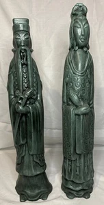 Chinesischer Mann und Frau 20 Zoll große Keramik Figuren Statuen bemalt grün Vintage - Bild 1 von 7