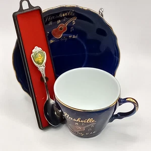 TENNESSEE SOUVENIRS Spoon Volunteer State & Cobalt Blue Tea Cup Saucer Nashville - Picture 1 of 14