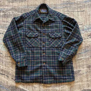 Men's Vintage 80's Pendleton Blue Green Wool Flannel Button Up Board Shirt Sz M - Picture 1 of 8