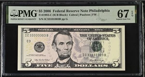 2006 $5 FRN PMG 67 EPQ – 7 of a Kind Fancy Serial IC33333303B – Philadelphia GEM - Picture 1 of 3