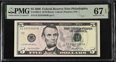 2006 $5 FRN PMG 67 EPQ – 7 of a Kind Fancy Serial IC33333303B – Philadelphia GEM - Image 1 of 3