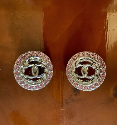 2 Authentic Modern Chanel Buttons. Silver With Pick Rhinestones. - Image 1 of 2