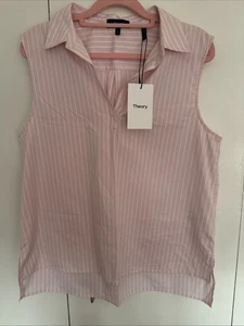 NEW Theory Women's Pink White Striped Sleeveless Shirt Top Blouse Size M - Picture 1 of 6
