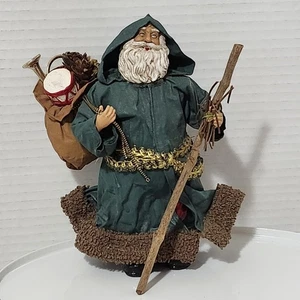 Old World Father Christmas Figure 8" Hooded Green Robe Staff Sack Drum & Horn - Picture 1 of 5