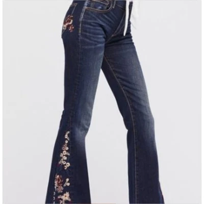 Driftwood Farrah Embroidered Flare Jeans Women's Size 27 Blue Denim Frayed Hem - Image 1 of 4