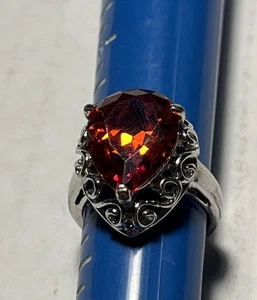 Garnet/Glass CZ Ring, Art Deco Sterling Silver Plated Filigree Sz7 1/4 Statement - Picture 1 of 9