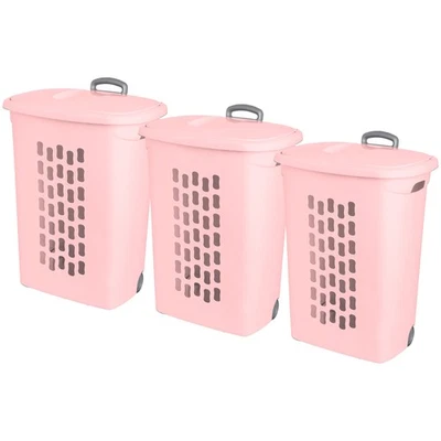 Sterilite Ultra Wheeled Hamper, Laundry Basket w/Lid & Handle,Pink Frost, 3 Pack - Image 1 of 4