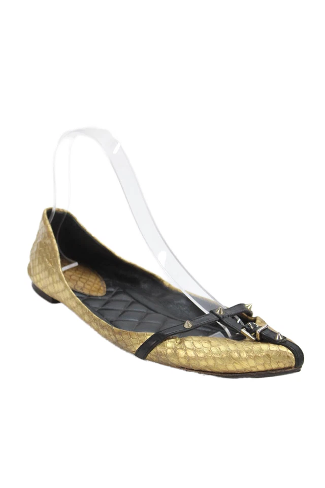 Brian Atwood Mujer Cuero Punta Puntera Tachonada Detalle Planos Dorado Talla 8.5 Foto 1 de 4