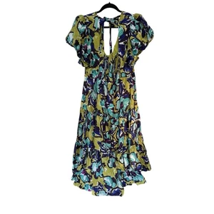 Abito Anthropologie manica a sbuffo Chartreuse verde blu a strati midi floreale taglia L - Foto 1 di 8