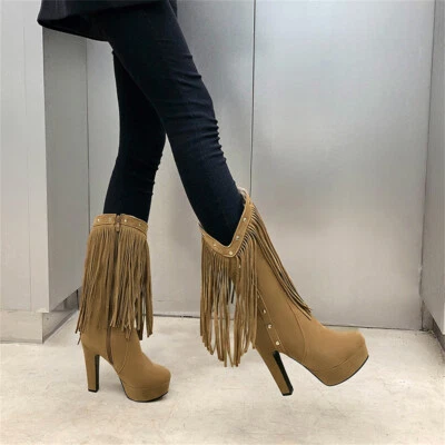 Moda Mujeres Borla Plataforma Remache Gamuza Tacones Altos Flecos Cremallera Medio Pantorrilla Botas Foto 1 de 4