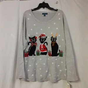 Christmas-Sweater Karen Scott  Cat Appliqué Holiday Macy's NWT Gray Multi - Picture 1 of 6