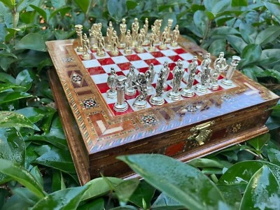 Vip Chess Set w Metal Chess Pieces - Inlaid Chess Set - Pearl Chessboard Gift - Image 1 of 4
