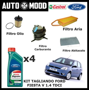 KIT TAGLIANDO FORD FIESTA V 1.4 TDCI 68CV 4 FILTRI + 4LT CASTROL FORD 5W30 A5/B5 - Foto 1 di 1