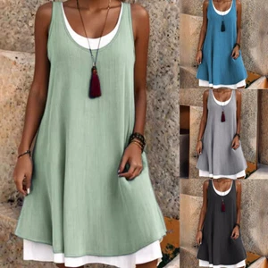 Ärmelloses Mittellanges Kleid Für Damen Sommerkleid Für Den Strand Urlaub | - Picture 1 of 19