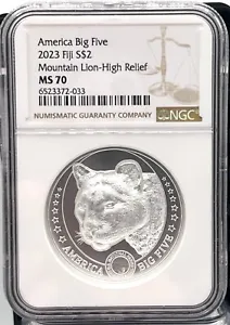 2023 Fiji $2 America Big 5 Mountain Lion UHR 1 oz .999 Silver - NGC MS 70 - Picture 1 of 6