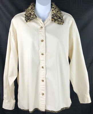 Vintage UltraClub twill Top L Ivory leopard fuzzy collar buttonup longsleeve Y2K - Image 1 of 4