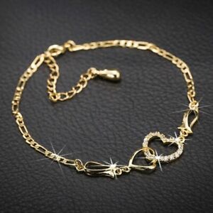 Double Heart Women's Anklet Round Cut Lab Created Diamond 14K Yellow Gold Finish