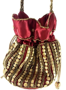 Beaded Red Satin Evening Bag Purse with Gold Floral Embellishments – Boho Gypsy - Picture 1 of 10