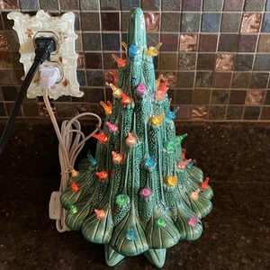 Lava  ceramic Christmas tree 11"H green glazed  astro multi color glitter bulbs - Picture 1 of 7