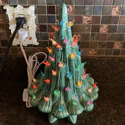 Lava  ceramic Christmas tree 11"H green glazed  astro multi color glitter bulbs - Image 1 of 4