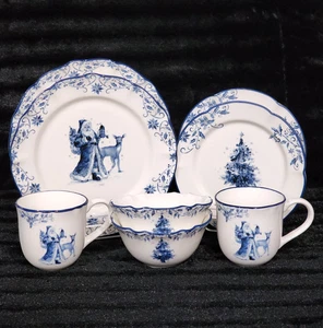 8 Blue White Santa Reindeer Tree Dinner Salad Plates Mug Bowls Ceramic Christmas - Picture 1 of 16